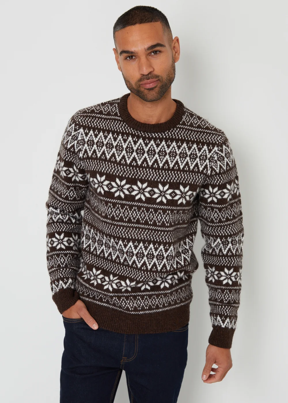 Threadbare Chocolate Fairisle Crew Neck Christmas Jumper - S Image 1