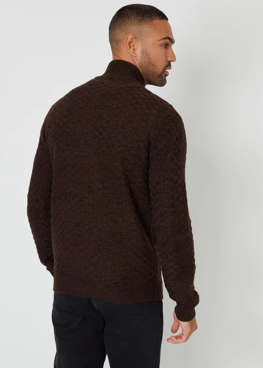 Threadbare Brown Textured Quarter Zip Jumper With Wool - S Image 2