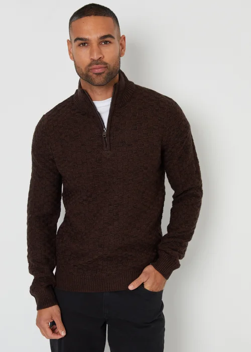 Threadbare Brown Textured Quarter Zip Jumper With Wool - S Image 1