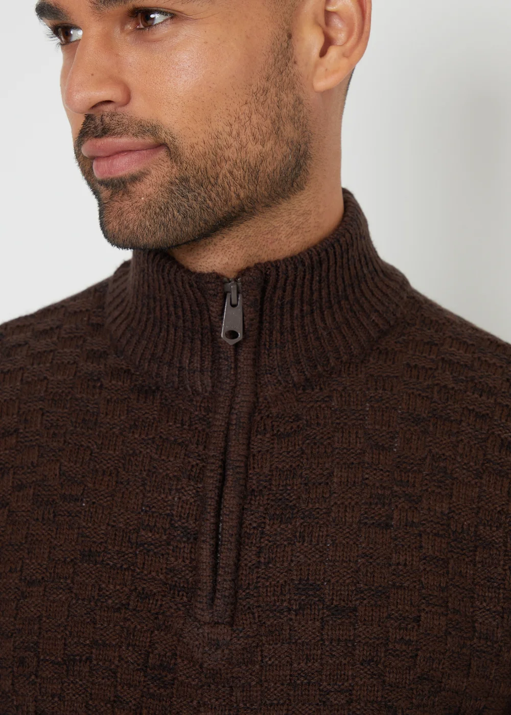 Threadbare Brown Textured Quarter Zip Jumper With Wool - S Image 4