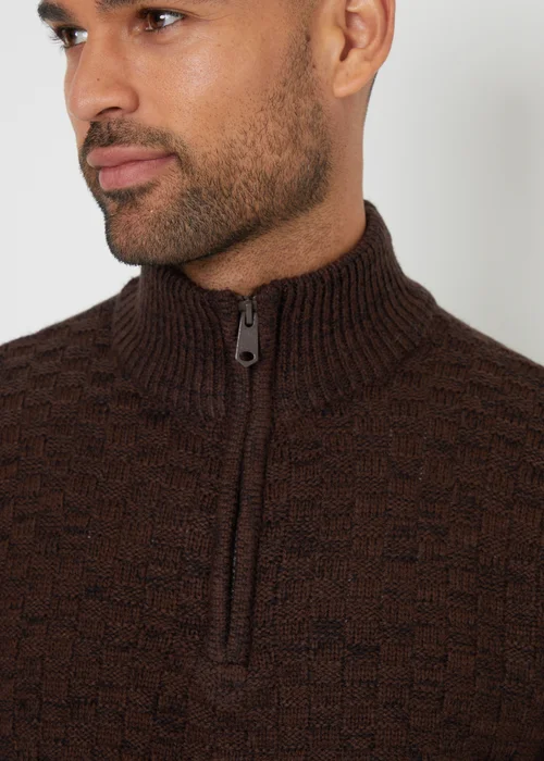 Threadbare Brown Textured Quarter Zip Jumper With Wool - S Image 4
