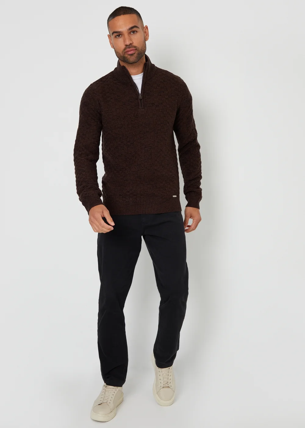 Threadbare Brown Textured Quarter Zip Jumper With Wool - S Image 3