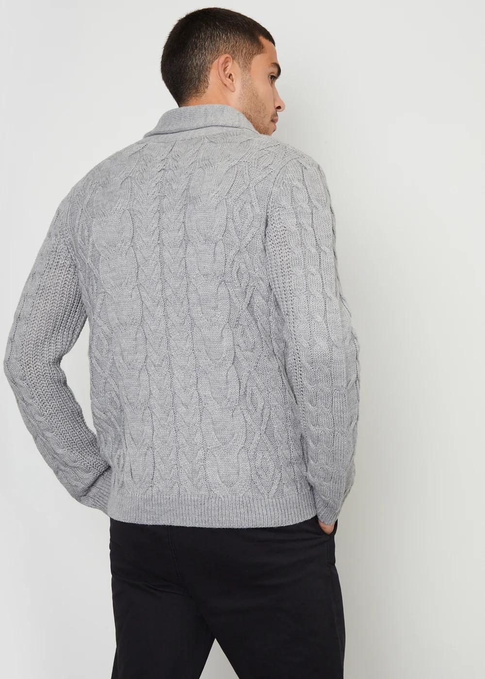 Threadbare Grey Cable Knit Shawl Collar Cardigan With Wool - S Image 2