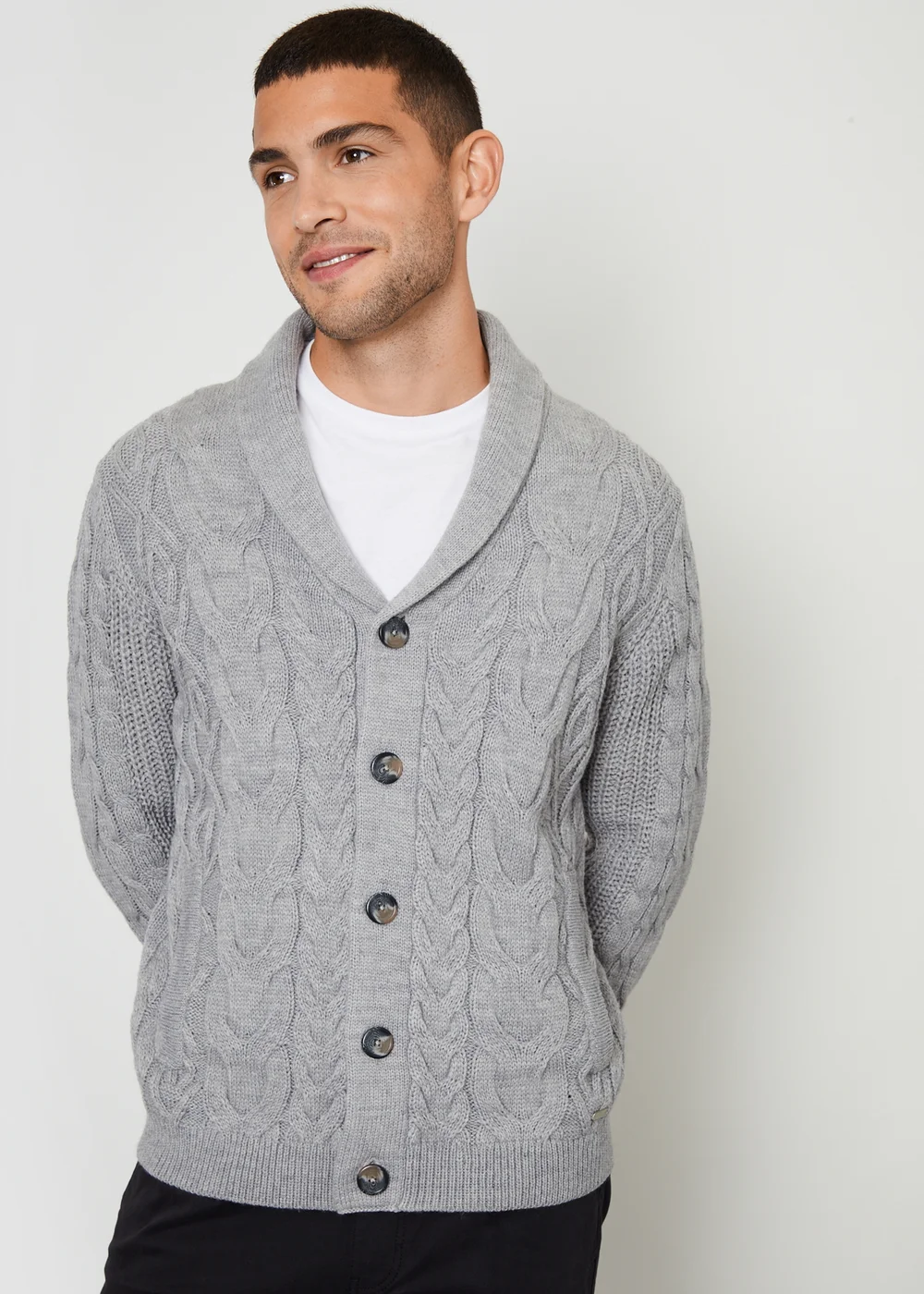 Threadbare Grey Cable Knit Shawl Collar Cardigan With Wool - S Image 1