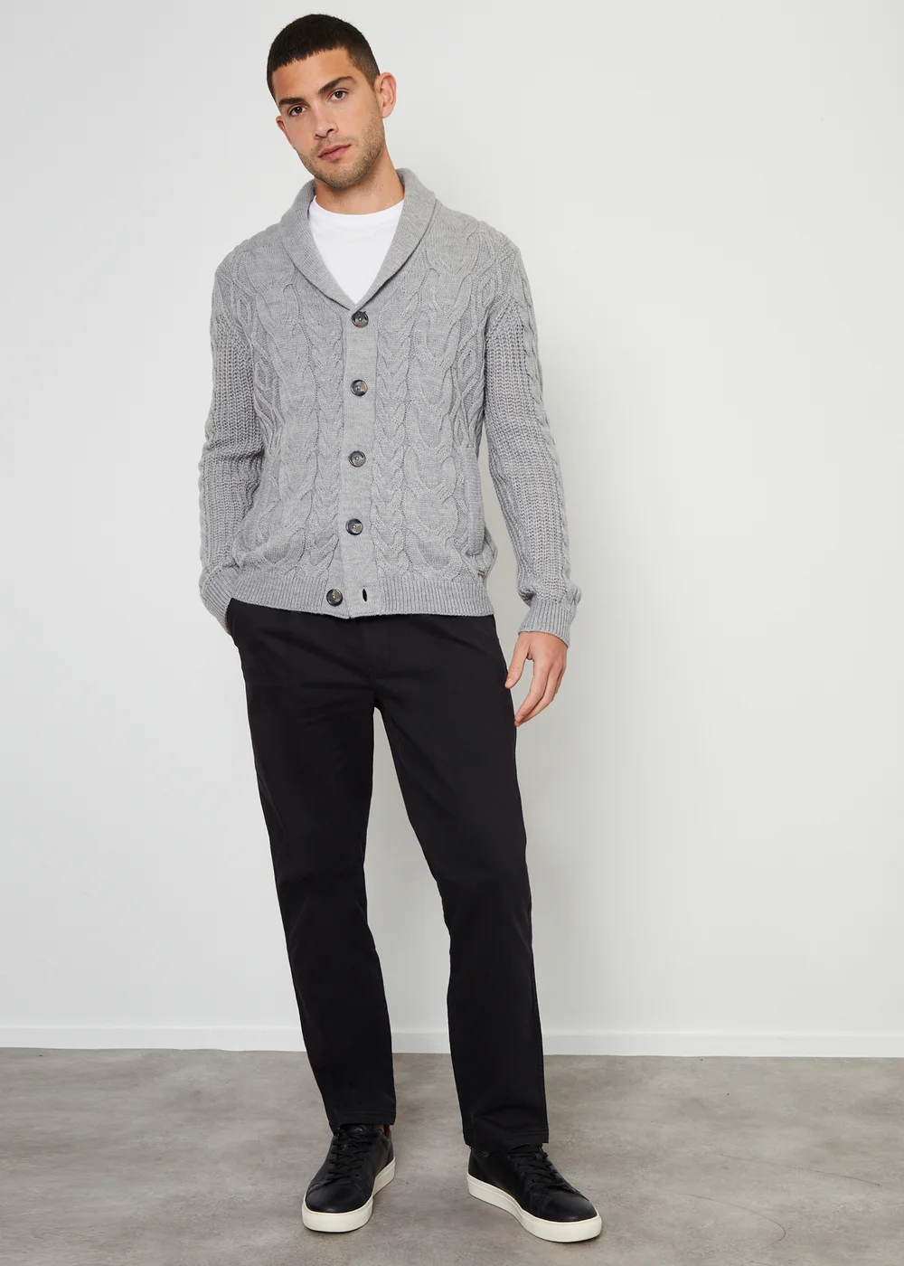 Threadbare Grey Cable Knit Shawl Collar Cardigan With Wool - S Image 4