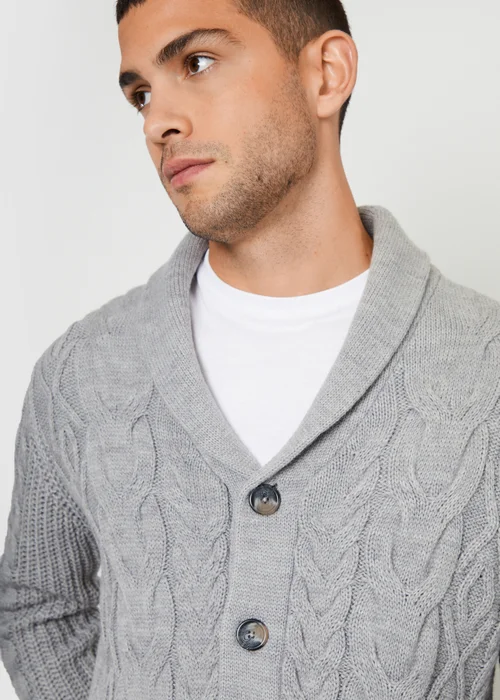 Threadbare Grey Cable Knit Shawl Collar Cardigan With Wool - S Image 3