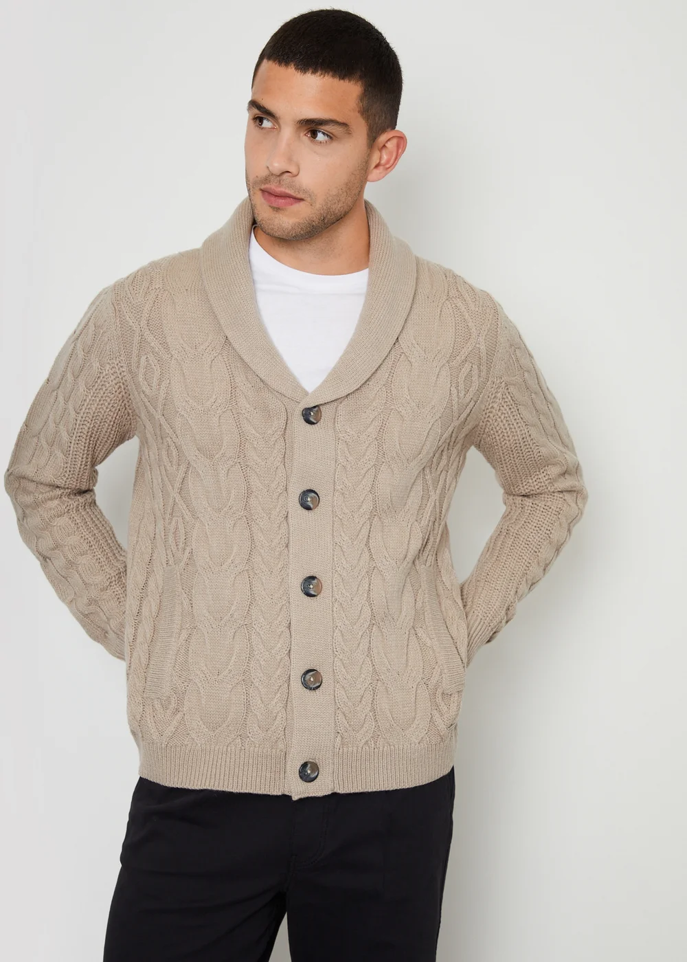 Threadbare Stone Cable Knit Shawl Collar Cardigan With Wool - S Image 1