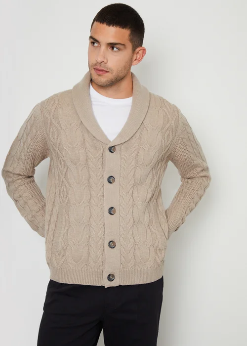 Threadbare Stone Cable Knit Shawl Collar Cardigan With Wool - S Image 1