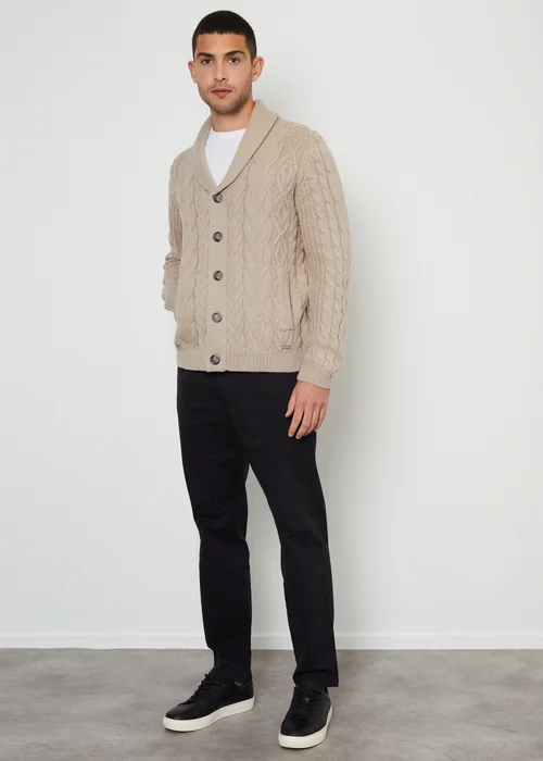 Threadbare Stone Cable Knit Shawl Collar Cardigan With Wool - S Image 3