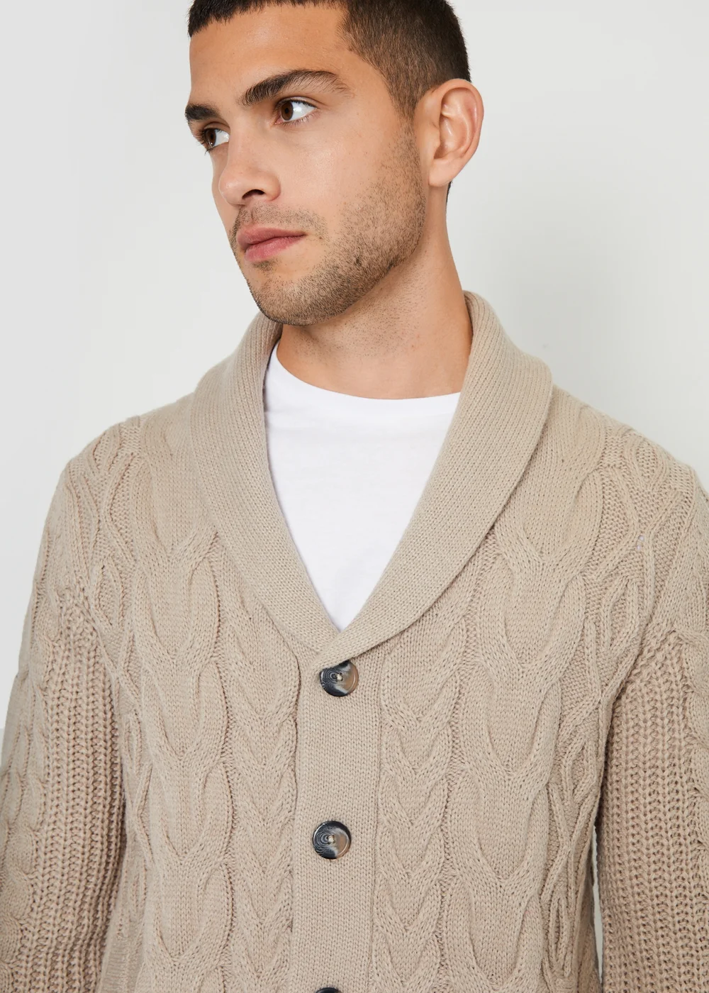 Threadbare Stone Cable Knit Shawl Collar Cardigan With Wool - S Image 4