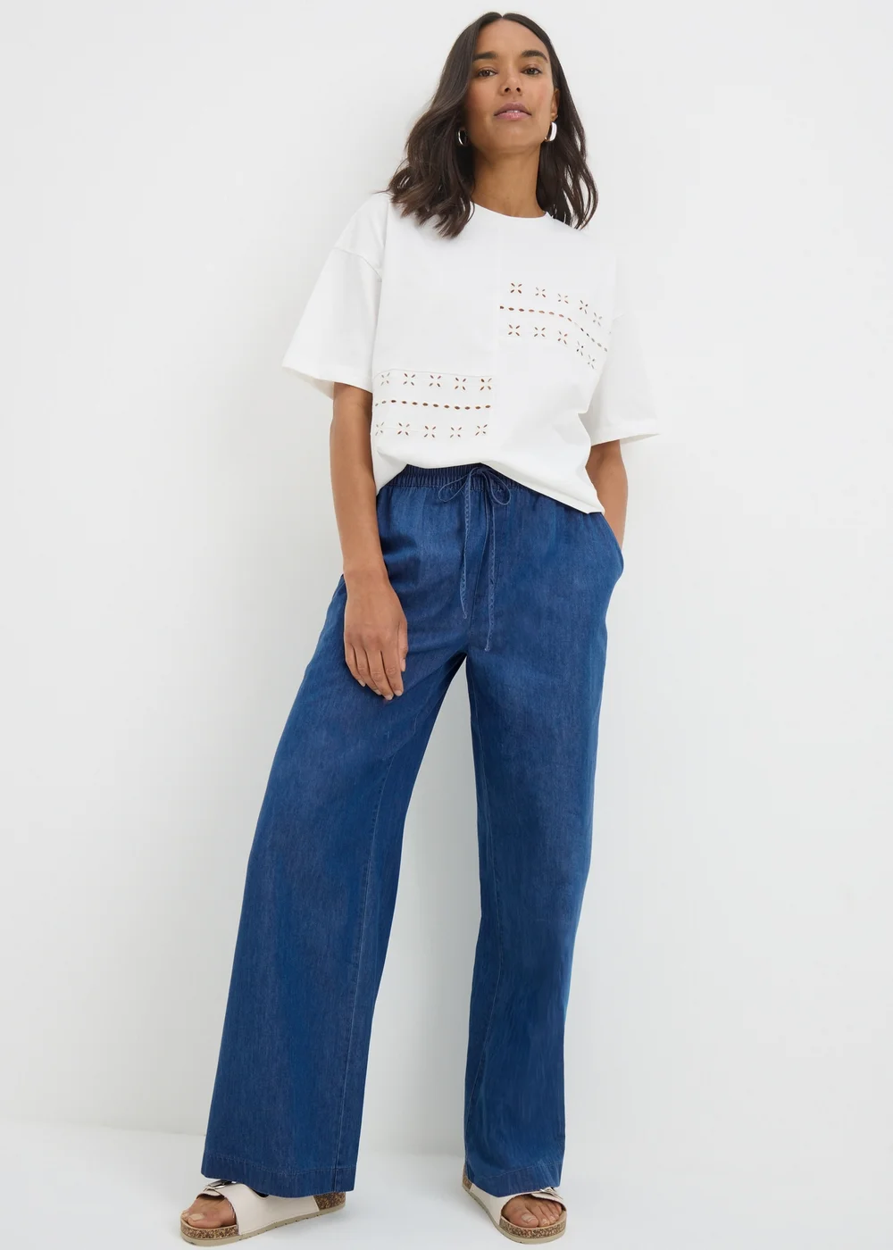 Blue Denim Wide Leg Chambray Trousers - 8/L29 Image 2