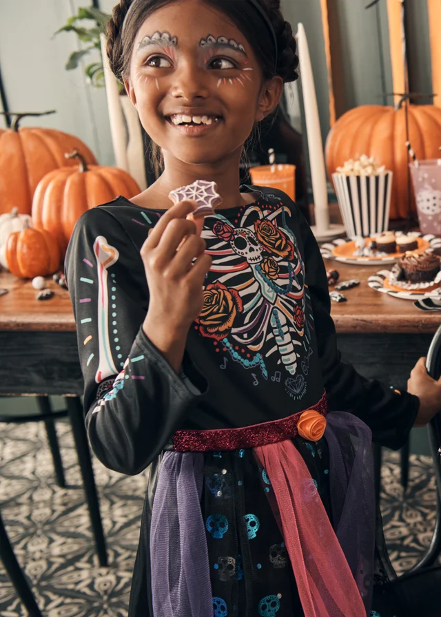 Day Of The Dead Girls Black Halloween Costume (1-7yrs)