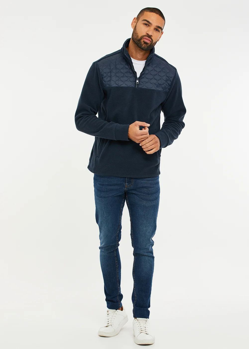 Threadbare Navy Quarter Zip Quilted Fleece Jumper - S Image 4