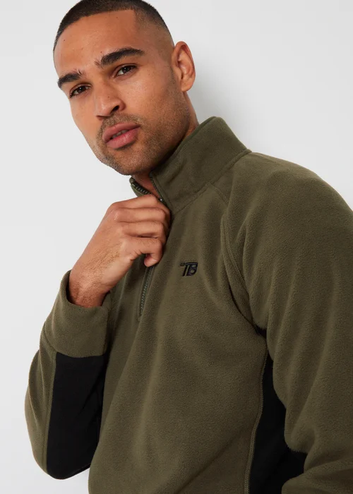Threadbare Khaki Contrast Side Panel Quarter Zip Fleece - S Image 3