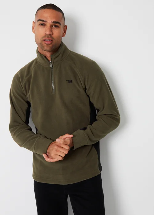 Threadbare Khaki Contrast Side Panel Quarter Zip Fleece - S Image 1