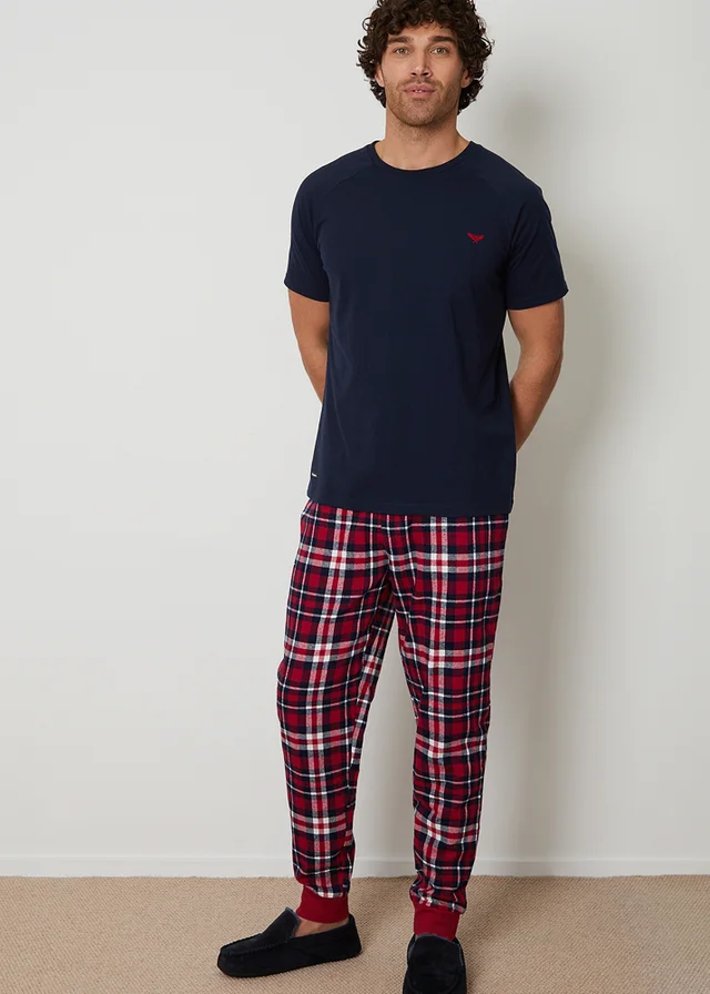 Threadbare Navy Cotton Blend Check Pyjama Set