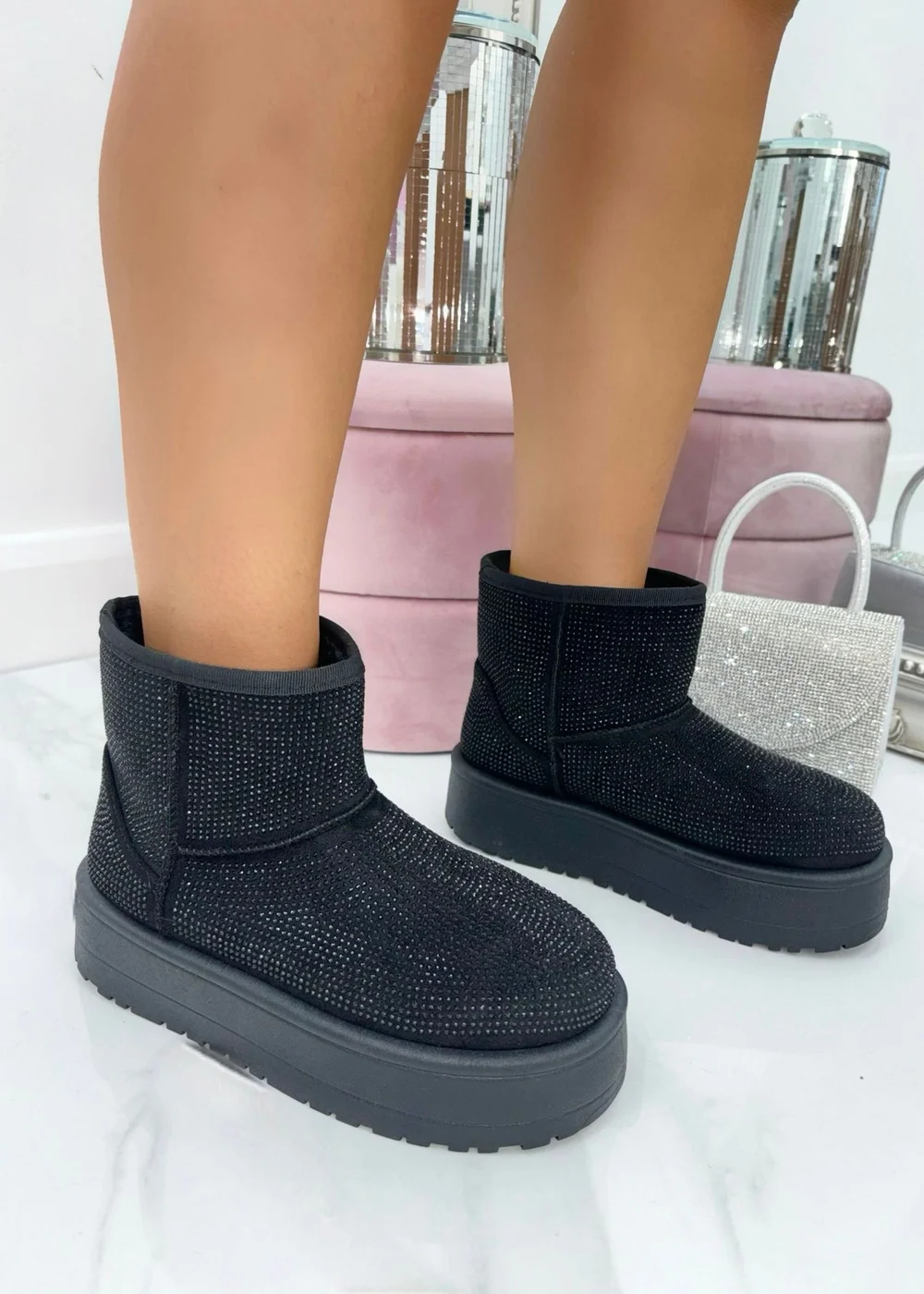 Love Lemonade Black Sparkly Rhinestone Snugg Mini Boots - 3 Image 1