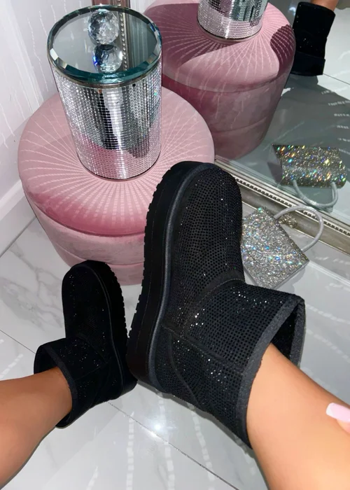 Love Lemonade Black Sparkly Rhinestone Snugg Mini Boots - 3 Image 2