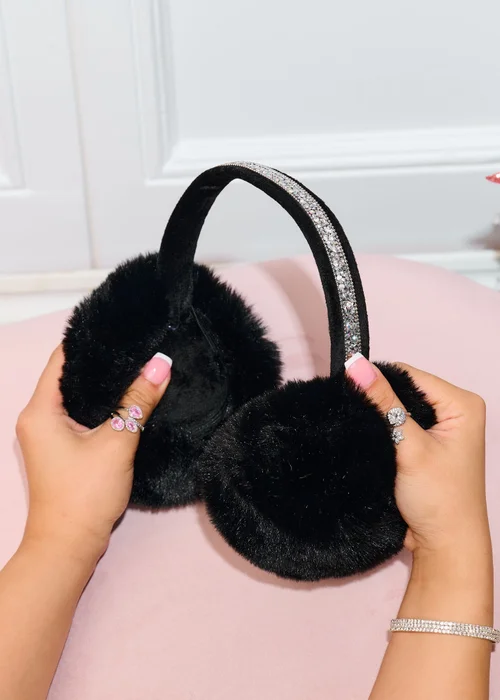 Love Lemonade Black Sparkly Crystal Fluffy Faux Fur Ear Muffs - One Size Image 1