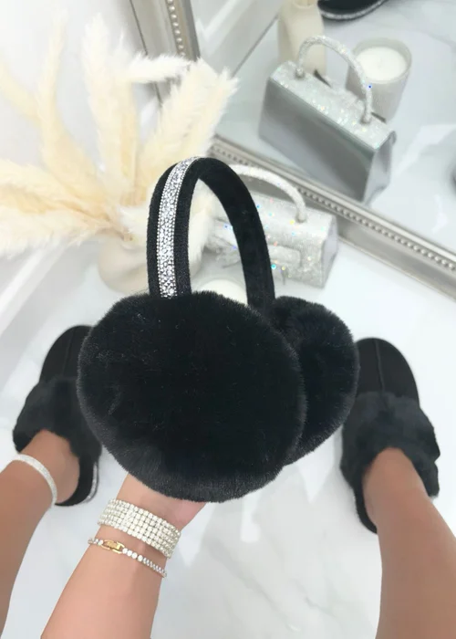 Love Lemonade Black Sparkly Crystal Fluffy Faux Fur Ear Muffs - One Size Image 2