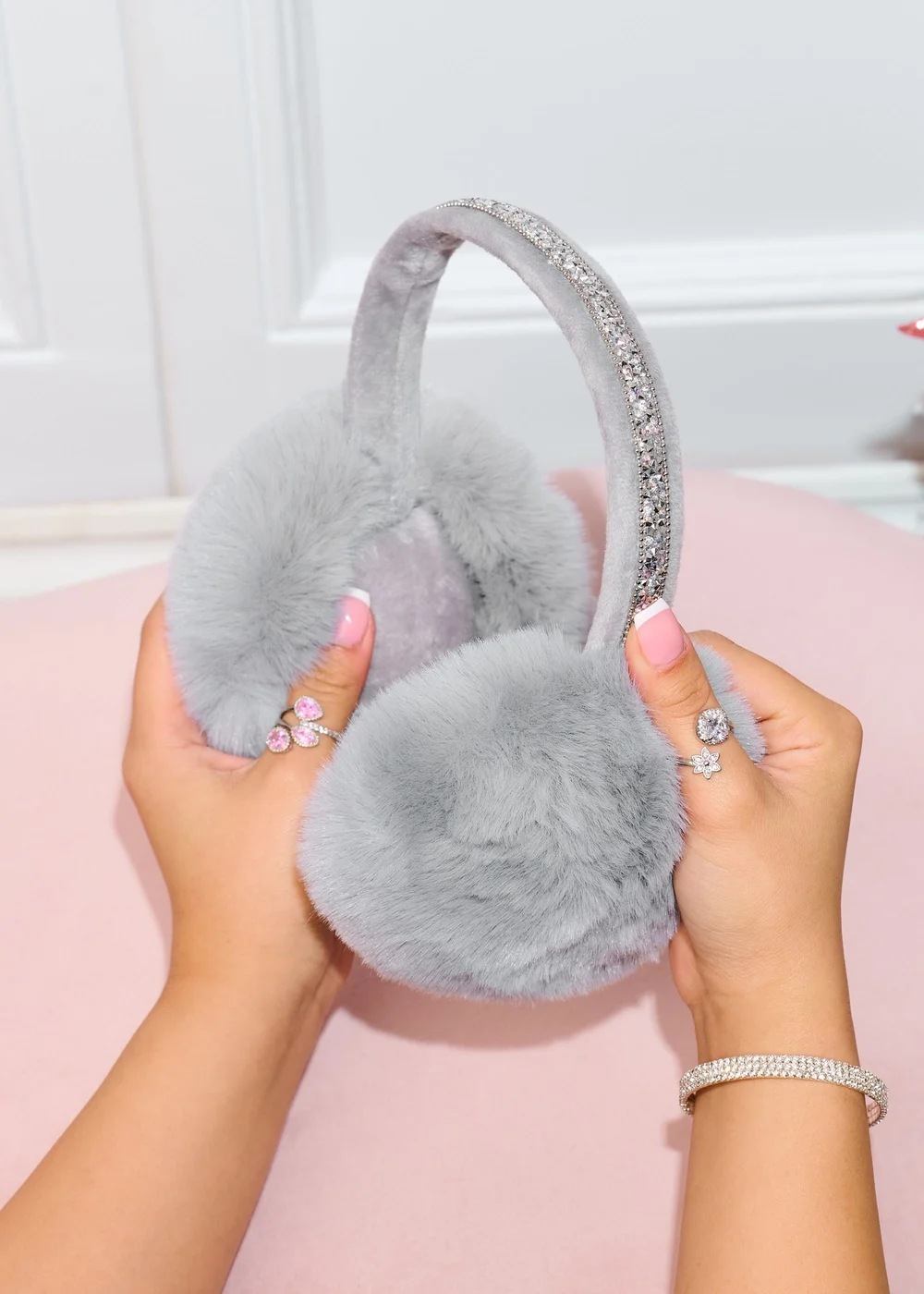 Love Lemonade Grey Sparkly Crystal Fluffy Faux Fur Ear Muffs - One Size Image 1