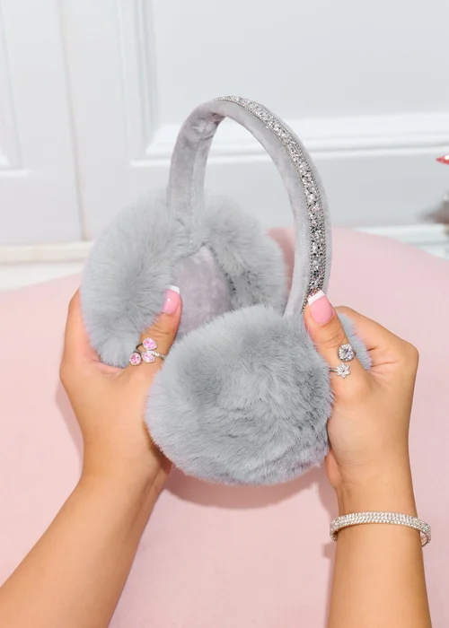 Love Lemonade Grey Sparkly Crystal Fluffy Faux Fur Ear Muffs - One Size Image 1
