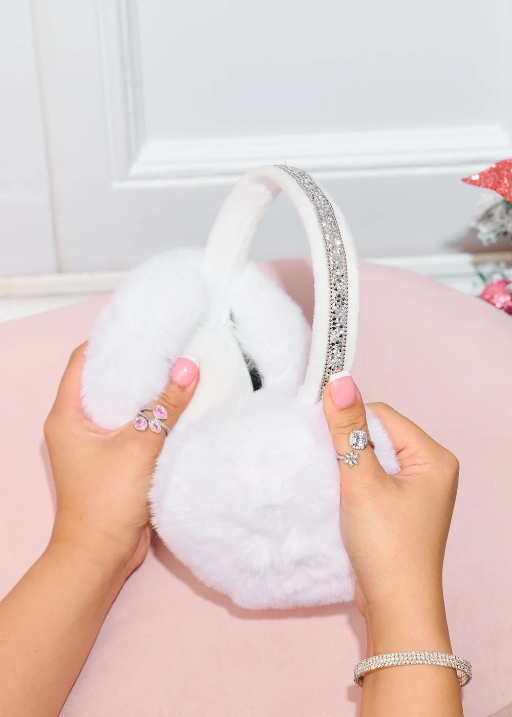 Love Lemonade White Sparkly Crystal Fluffy Faux Fur Ear Muffs - One Size Image 1