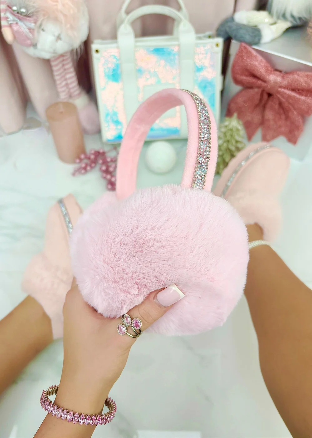 Love Lemonade Pale Pink Sparkly Crystal Fluffy Faux Fur Ear Muffs - One Size Image 1