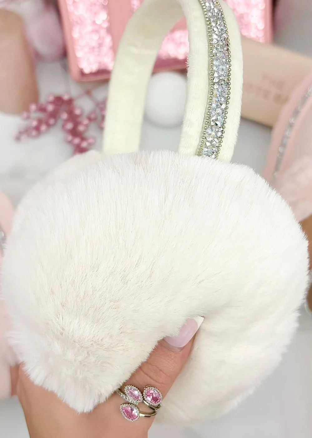 Love Lemonade Cream Sparkly Crystal Fluffy Faux Fur Ear Muffs - One Size Image 2