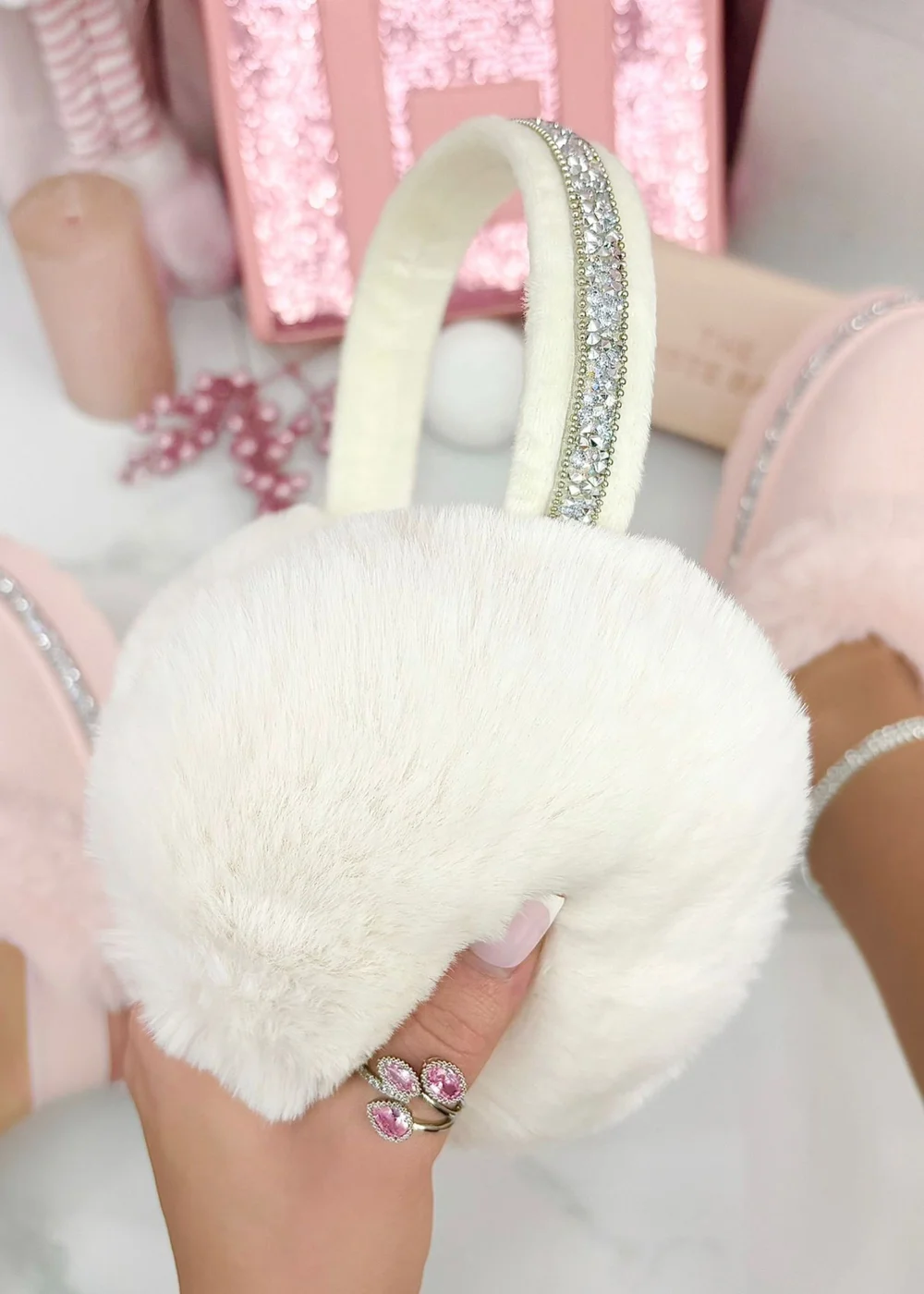 Love Lemonade Cream Sparkly Crystal Fluffy Faux Fur Ear Muffs - One Size Image 1