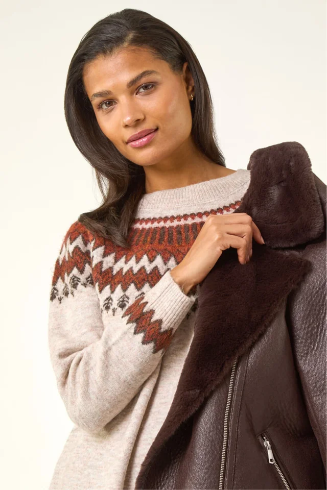 Roman Beige Soft Knit Fairisle Jumper Dress