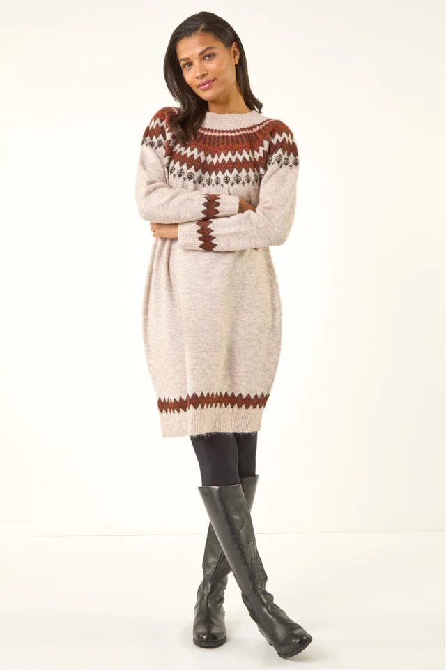 Roman Beige Soft Knit Fairisle Jumper Dress