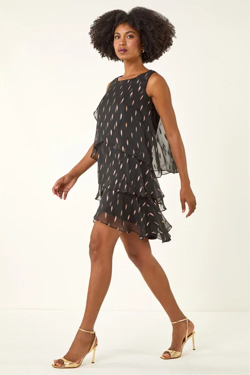 Roman Black Shimmer Foil Print Tiered Dress - 20 Image 3