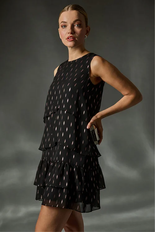 Roman Black Shimmer Foil Print Tiered Dress - 20 Image 1