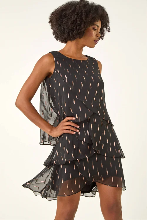 Roman Black Shimmer Foil Print Tiered Dress - 20 Image 2
