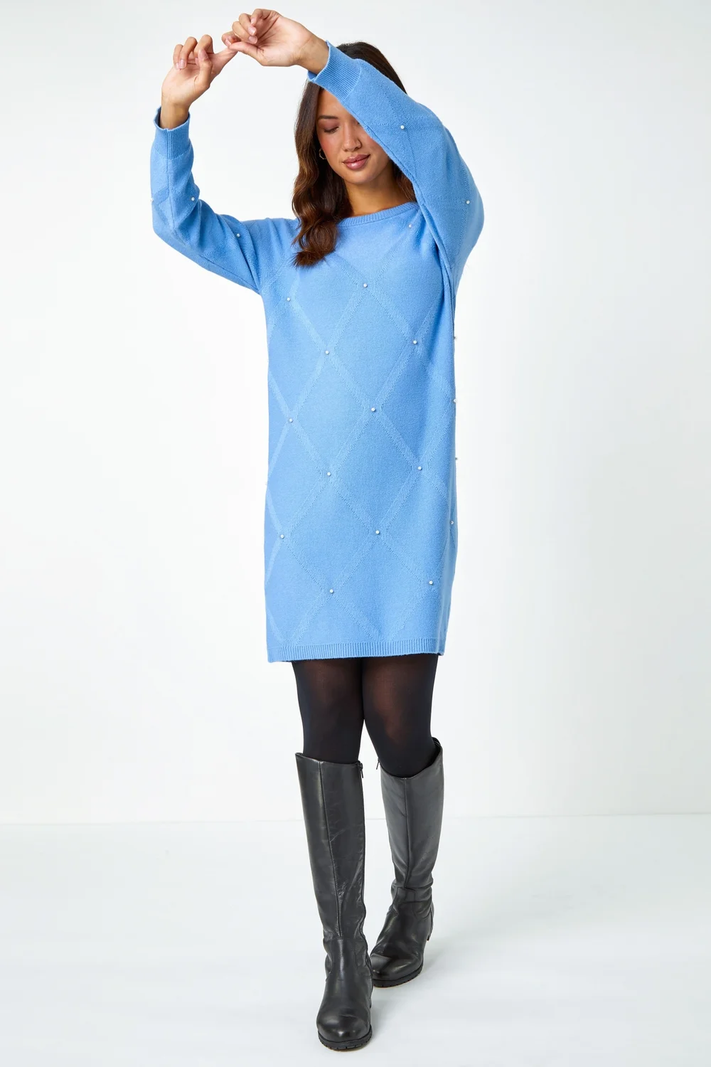 Roman Light Blue Pearl Embellished Jumper Dress - 10 Image 3