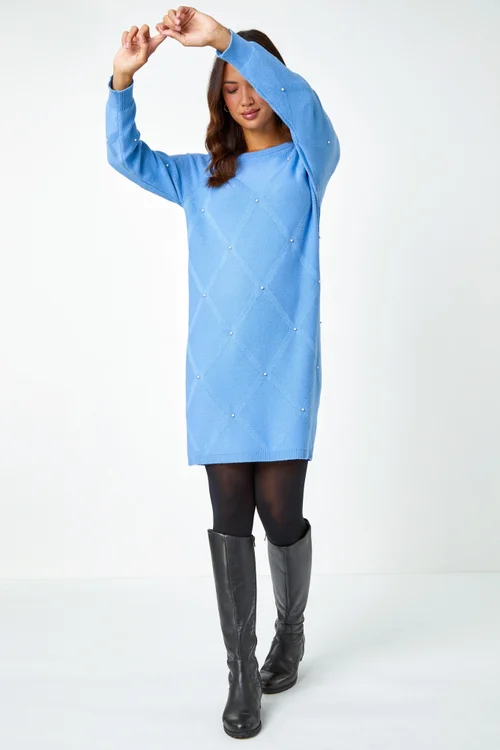 Roman Light Blue Pearl Embellished Jumper Dress - 10 Image 3