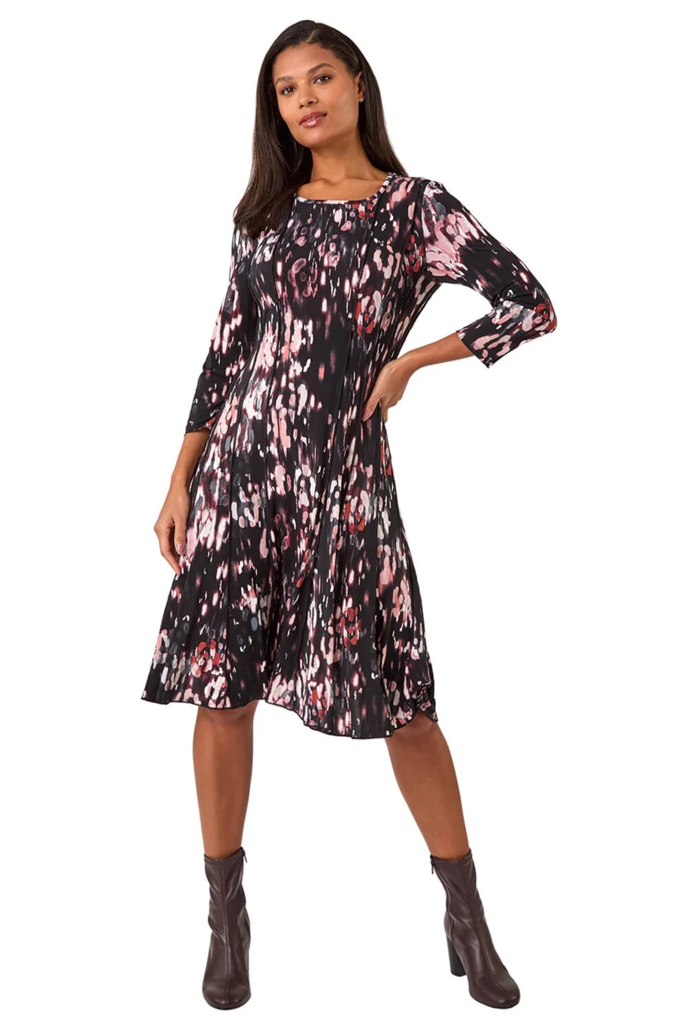 Roman Mocha Abstract Spot Print Stretch Midi Dress - 18 Image 2