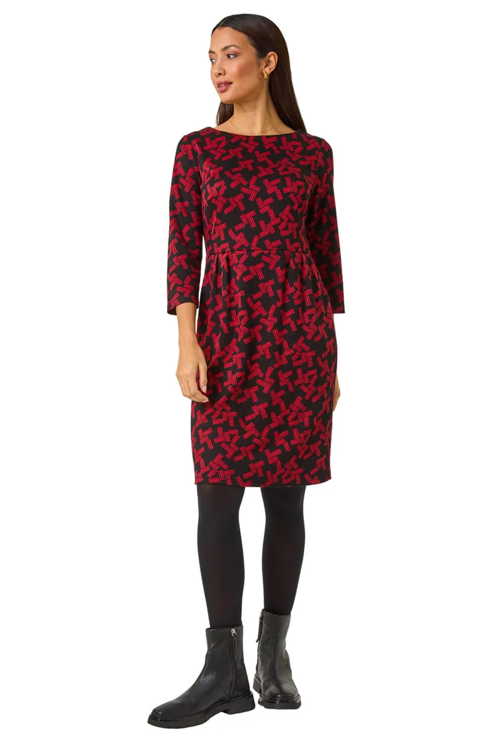 Roman Red Geometric Pleated Pocket Shift Dress - 10 Image 1
