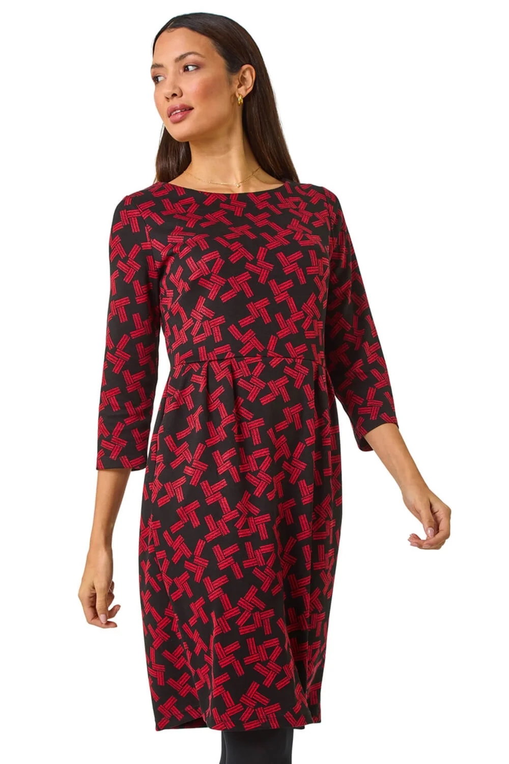 Roman Red Geometric Pleated Pocket Shift Dress - 10 Image 2