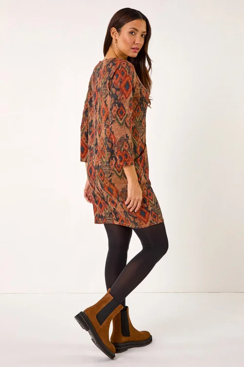 Roman Tan Aztec Print Pocket Shift Stretch Dress - 20 Image 3