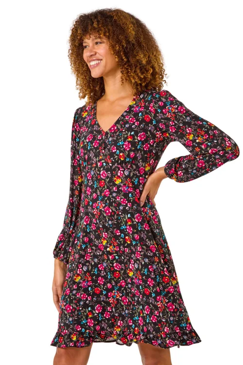 Roman Pink Floral Print Short Frill Stretch Dress - 10 Image 1
