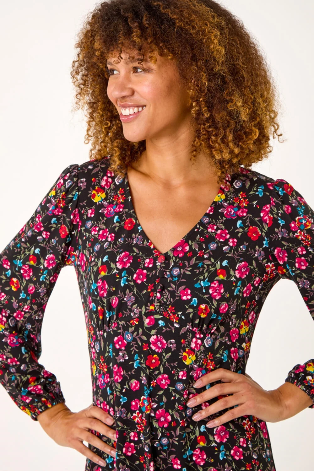 Roman Pink Floral Print Short Frill Stretch Dress - 10 Image 4