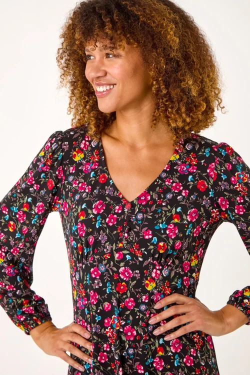 Roman Pink Floral Print Short Frill Stretch Dress - 10 Image 4