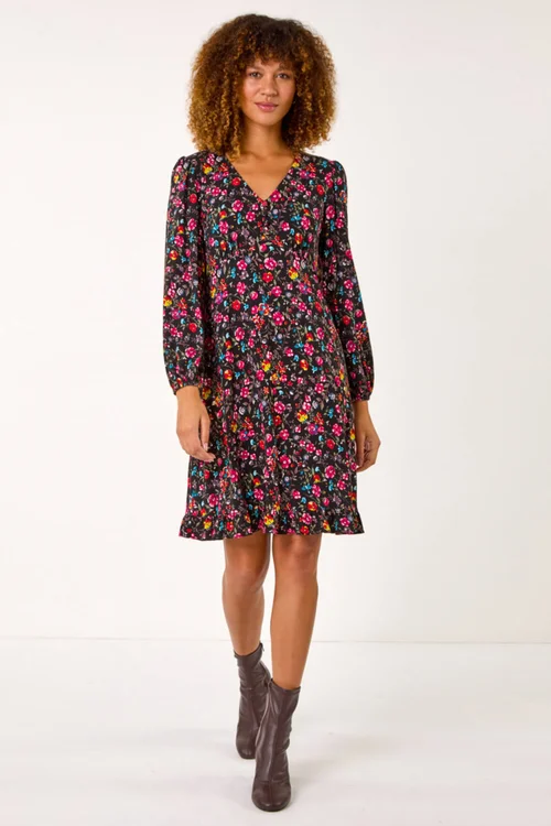 Roman Pink Floral Print Short Frill Stretch Dress - 10 Image 2