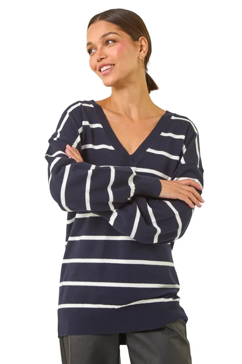 Roman Navy Stripe Print Knitted Jumper - Size 10 Image 1