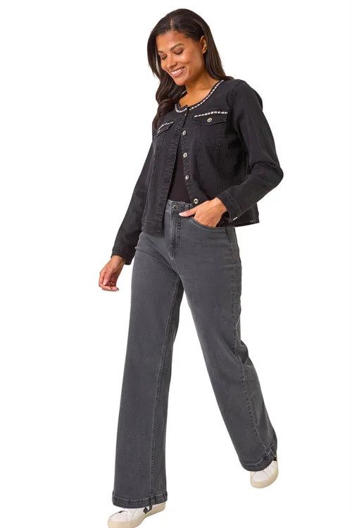 Roman Black Collarless Tape Stretch Denim Jacket - 22 Image 2