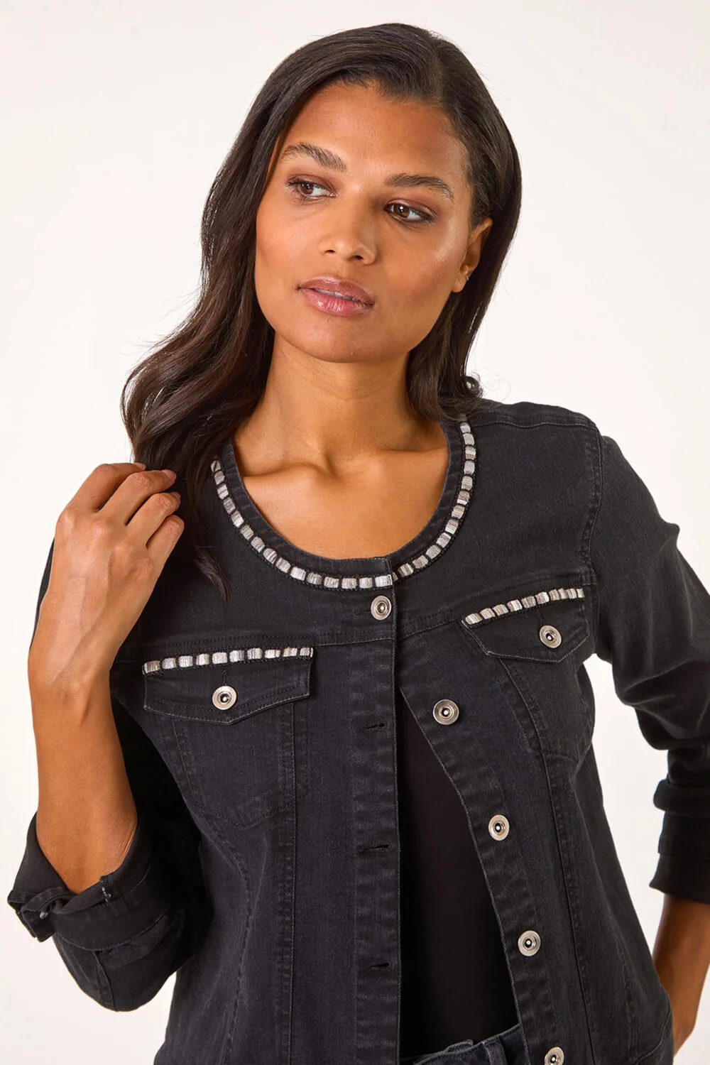 Roman Black Collarless Tape Stretch Denim Jacket - 22 Image 3