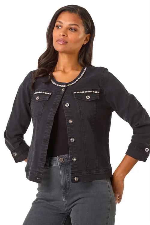 Roman Black Collarless Tape Stretch Denim Jacket - 22 Image 1