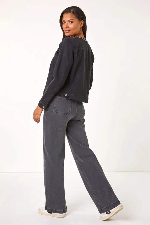 Roman Black Collarless Tape Stretch Denim Jacket - 22 Image 4